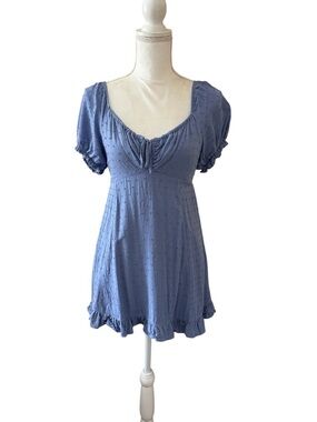 Sky and Sparrow Dusty Blue Mini Dress with Puff Sleeves